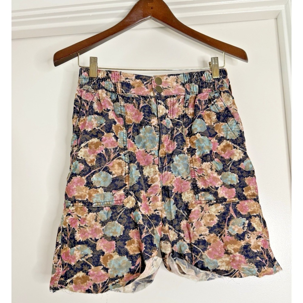 XS ANTHROPOLOGY Anisa Floral Corduroy Cut Up Cotton Stretchy Shorts Retro Boho